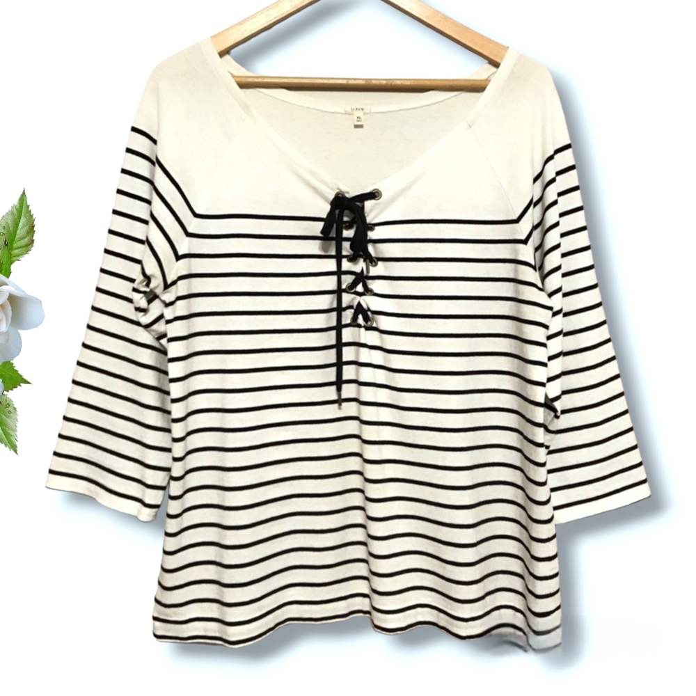 J. Crew Cream and Black Striped Lace-Up Boatneck Top